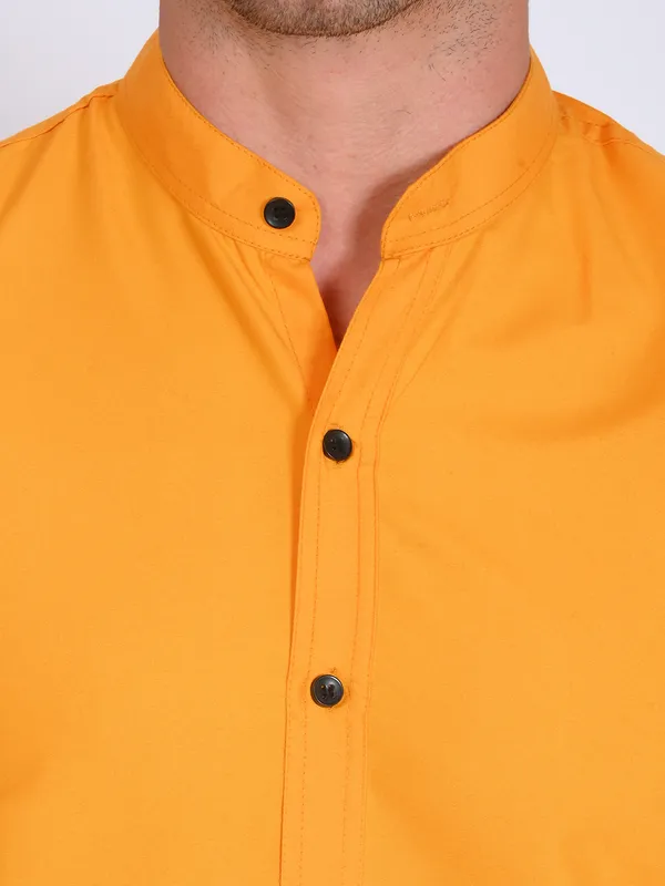 Mustard_Yellow_Trendy_Design_Mandarin_Collar_Cotton_Blend_Solid_Shirt_For_Men
