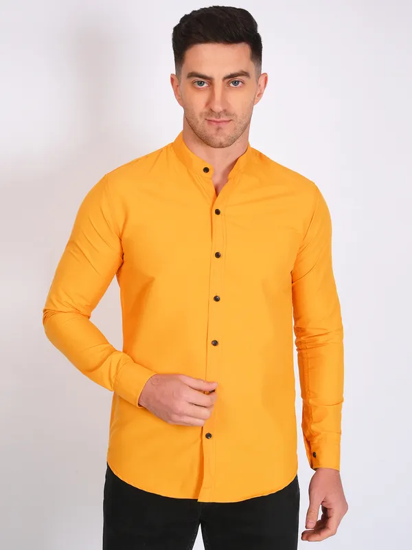 Mustard_Yellow_Trendy_Design_Mandarin_Collar_Cotton_Blend_Solid_Shirt_For_Men
