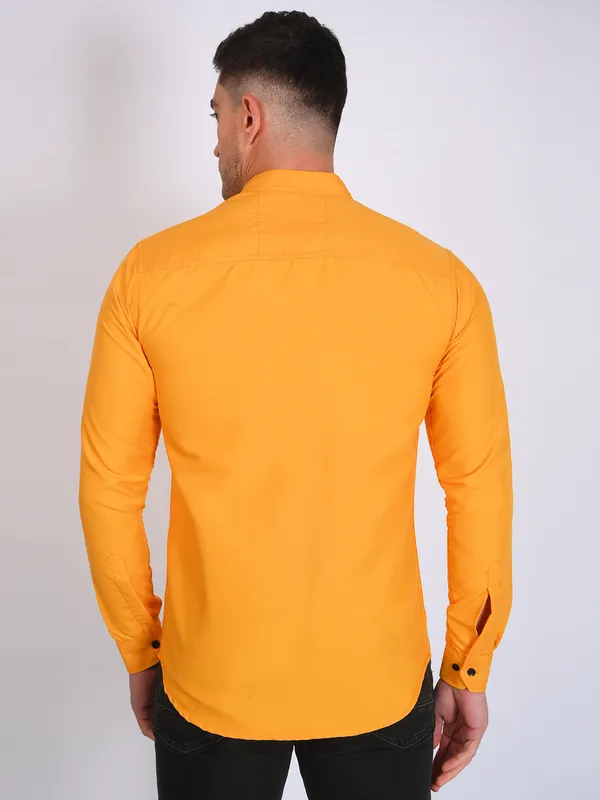 Mustard_Yellow_Trendy_Design_Mandarin_Collar_Cotton_Blend_Solid_Shirt_For_Men