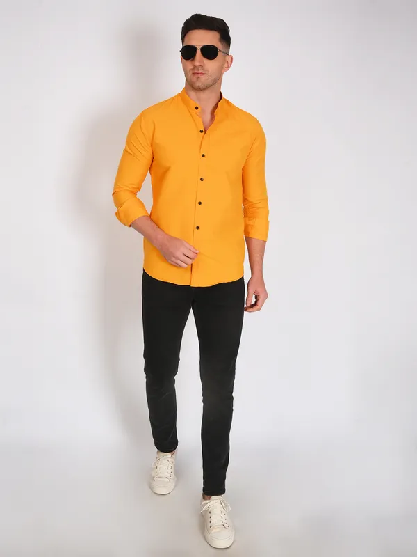 Mustard_Yellow_Trendy_Design_Mandarin_Collar_Cotton_Blend_Solid_Shirt_For_Men
