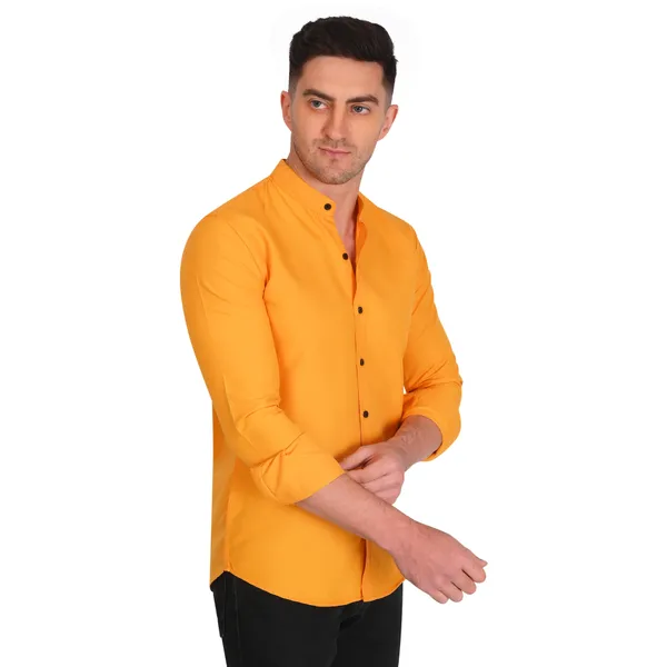 Mustard_Yellow_Trendy_Design_Mandarin_Collar_Cotton_Blend_Solid_Shirt_For_Men