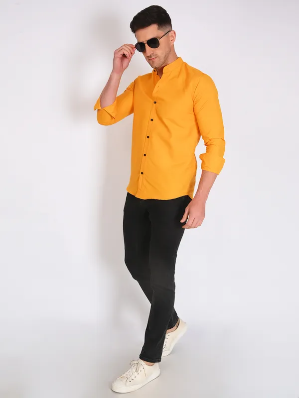Mustard_Yellow_Trendy_Design_Mandarin_Collar_Cotton_Blend_Solid_Shirt_For_Men