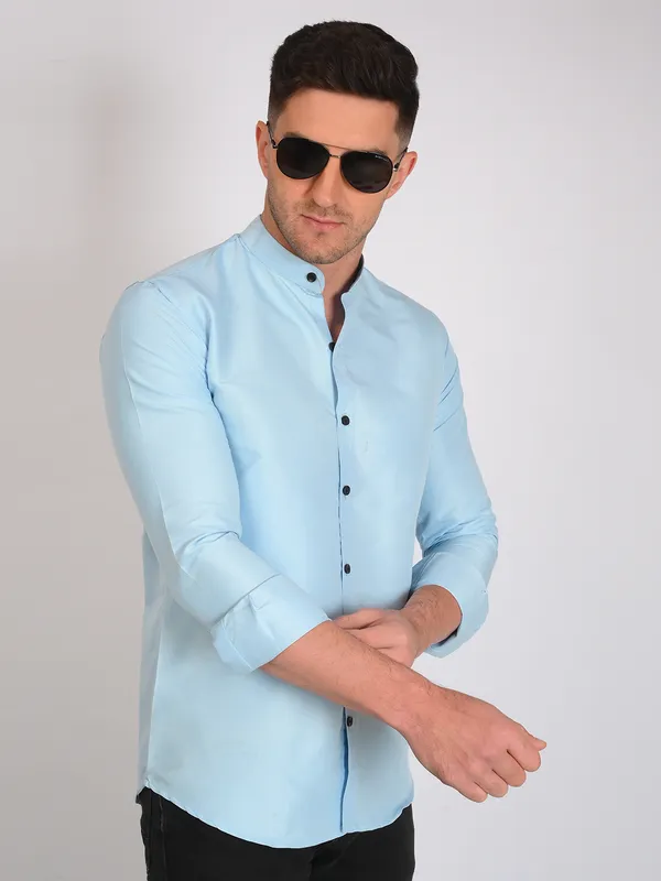 Aqua_Blue_Trendy_Design_Mandarin_Collar_Cotton_Blend_Solid_Shirt_For_Men