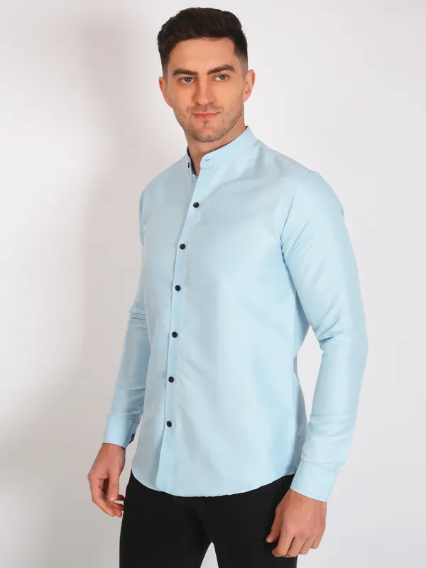 Aqua_Blue_Trendy_Design_Mandarin_Collar_Cotton_Blend_Solid_Shirt_For_Men