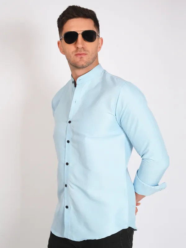 Aqua_Blue_Trendy_Design_Mandarin_Collar_Cotton_Blend_Solid_Shirt_For_Men