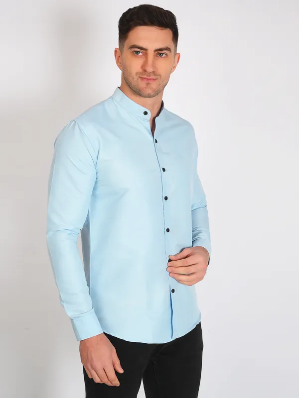 Aqua_Blue_Trendy_Design_Mandarin_Collar_Cotton_Blend_Solid_Shirt_For_Men