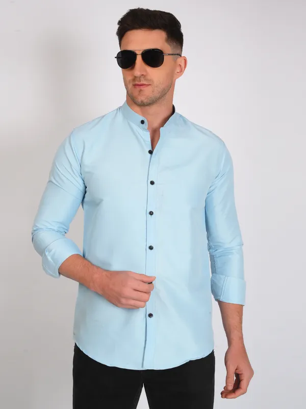 Aqua_Blue_Trendy_Design_Mandarin_Collar_Cotton_Blend_Solid_Shirt_For_Men