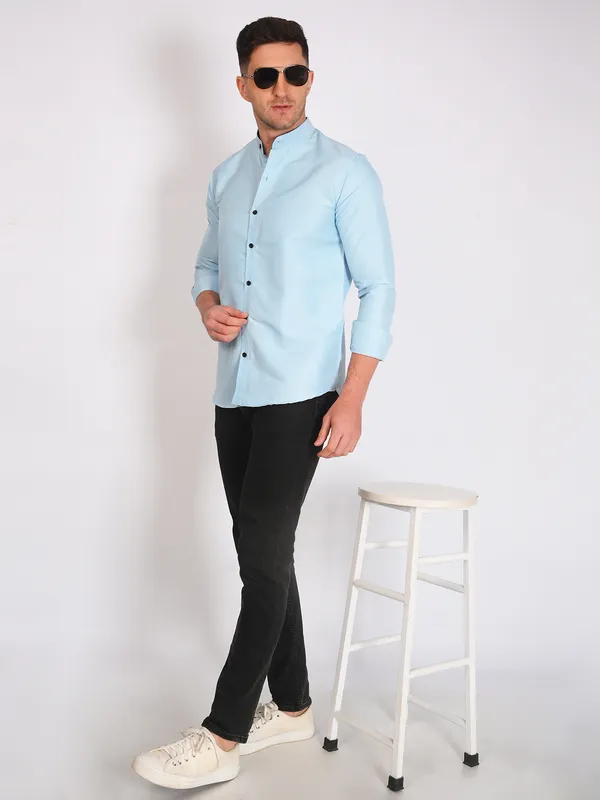 Aqua_Blue_Trendy_Design_Mandarin_Collar_Cotton_Blend_Solid_Shirt_For_Men