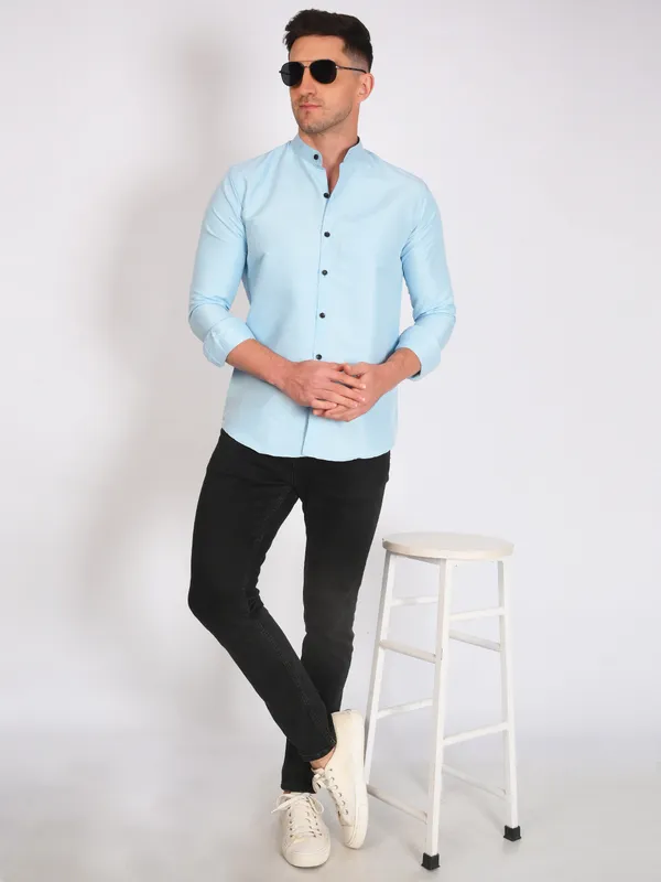 Aqua_Blue_Trendy_Design_Mandarin_Collar_Cotton_Blend_Solid_Shirt_For_Men
