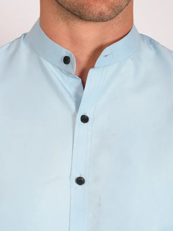Aqua_Blue_Trendy_Design_Mandarin_Collar_Cotton_Blend_Solid_Shirt_For_Men