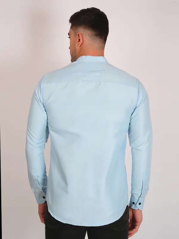 Aqua_Blue_Trendy_Design_Mandarin_Collar_Cotton_Blend_Solid_Shirt_For_Men