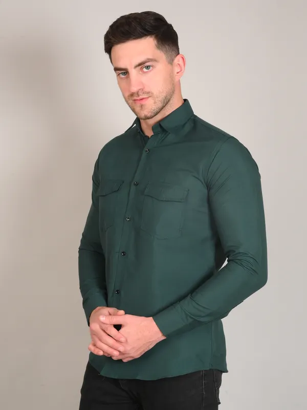 Bottle_Green_Trendy_Design_Premium_Cotton_Double_Pocket_Shirt_For_Men