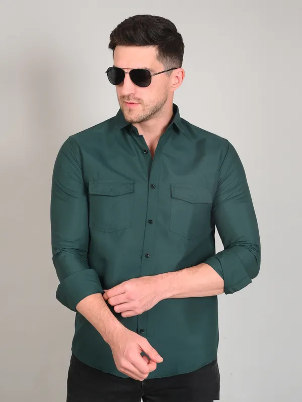 Bottle_Green_Trendy_Design_Premium_Cotton_Double_Pocket_Shirt_For_Men