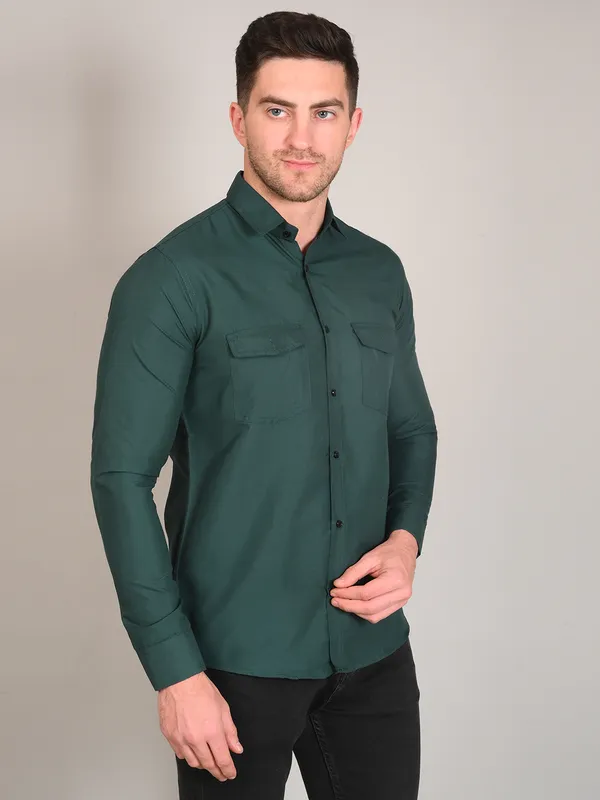Bottle_Green_Trendy_Design_Premium_Cotton_Double_Pocket_Shirt_For_Men