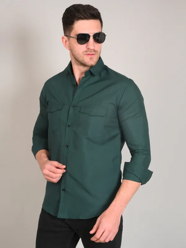 Bottle_Green_Trendy_Design_Premium_Cotton_Double_Pocket_Shirt_For_Men