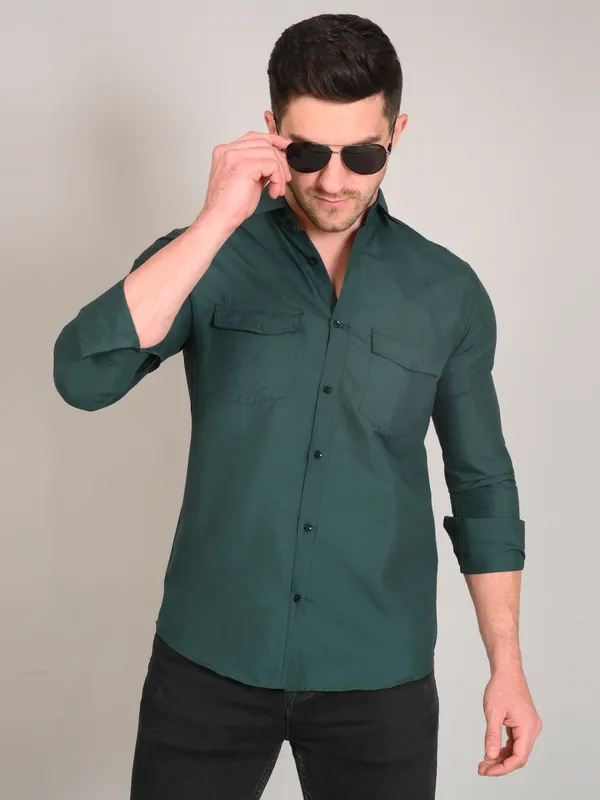 Bottle_Green_Trendy_Design_Premium_Cotton_Double_Pocket_Shirt_For_Men