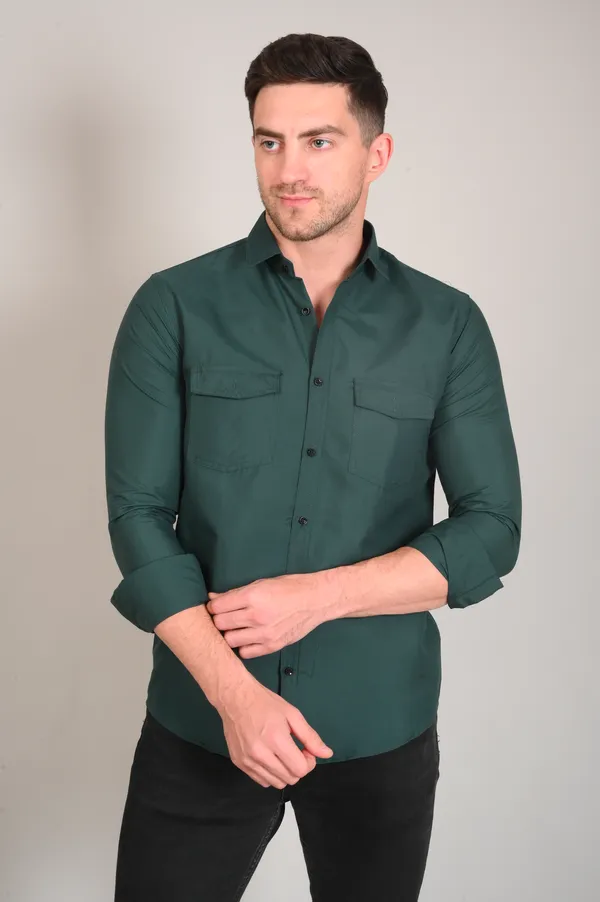 Bottle_Green_Trendy_Design_Premium_Cotton_Double_Pocket_Shirt_For_Men