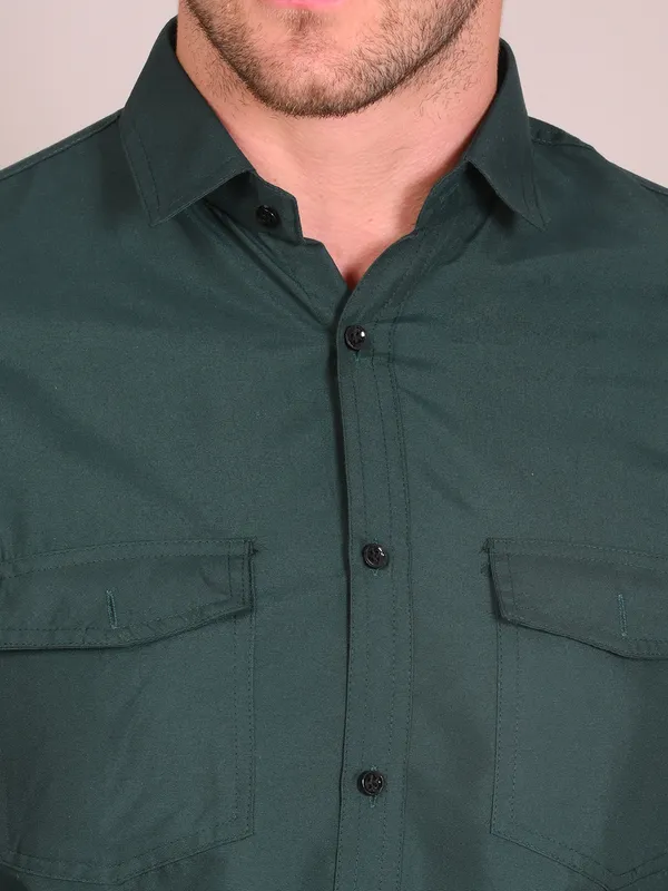 Bottle_Green_Trendy_Design_Premium_Cotton_Double_Pocket_Shirt_For_Men