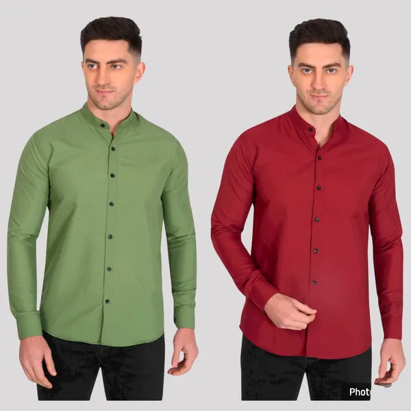 Multicolor_Trendy_Design_Mandarin_Collar_Cotton_Blend_Solid_Shirt_For_Men_Combo_Set_(Pack_Of_2)