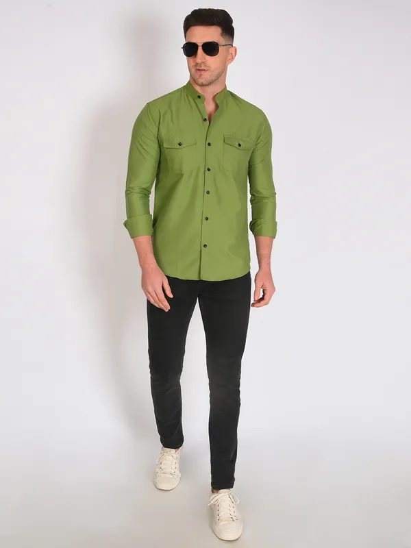 Olive_Trendy_Design_Mandarin_Collar_Double_Pocket_Shirt_For_Men