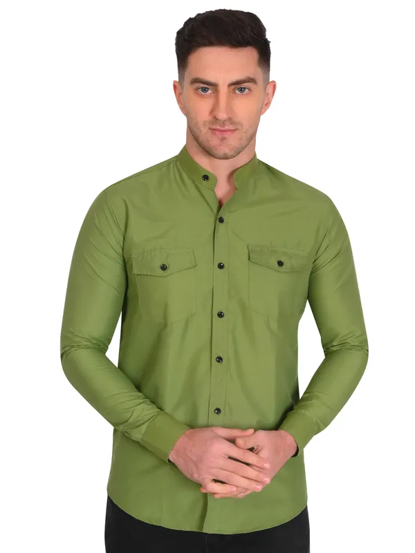 Olive_Trendy_Design_Mandarin_Collar_Double_Pocket_Shirt_For_Men