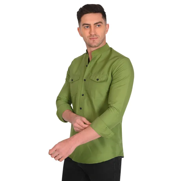 Olive_Trendy_Design_Mandarin_Collar_Double_Pocket_Shirt_For_Men