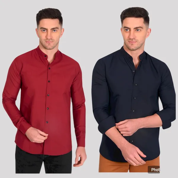 Multicolor_Trendy_Design_Mandarin_Collar_Cotton_Blend_Solid_Shirt_For_Men_Combo_Set_(Pack_Of_2)
