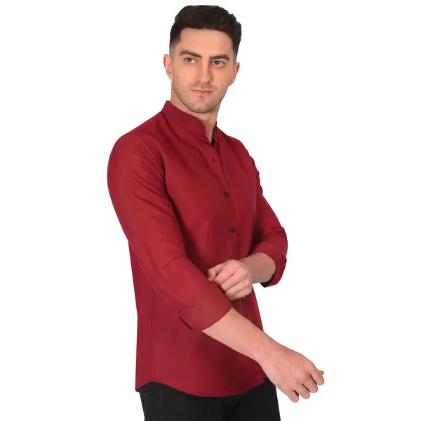 Red_Trendy_Design_Mandarin_Collar_Cotton_Blend_Solid_Shirt_For_Men