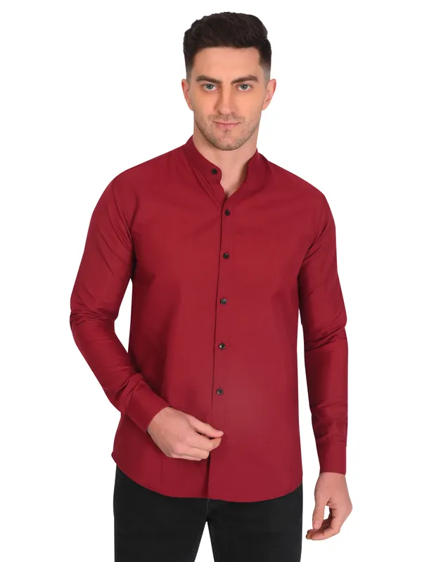 Red_Trendy_Design_Mandarin_Collar_Cotton_Blend_Solid_Shirt_For_Men