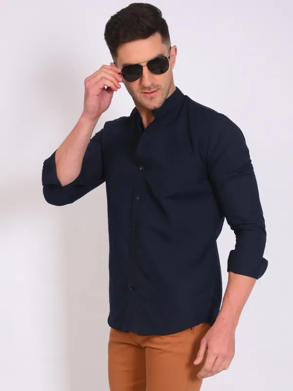 Multicolor_Trendy_Design_Mandarin_Collar_Cotton_Blend_Solid_Shirt_For_Men_Combo_Set_(Pack_Of_2)