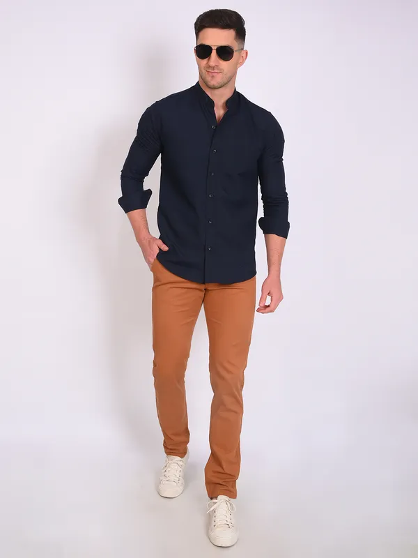 Multicolor_Trendy_Design_Mandarin_Collar_Cotton_Blend_Solid_Shirt_For_Men_Combo_Set_(Pack_Of_2)
