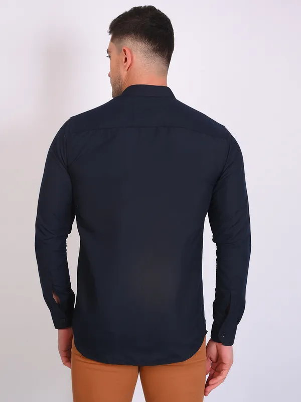 Navy_Trendy_Design_Mandarin_Collar_Cotton_Blend_Solid_Shirt_For_Men