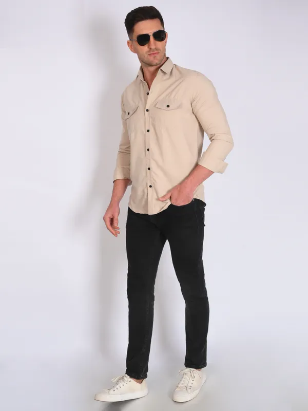 Grey_Trendy_Design_Mandarin_Collar_Double_Pocket_Shirt_For_Men