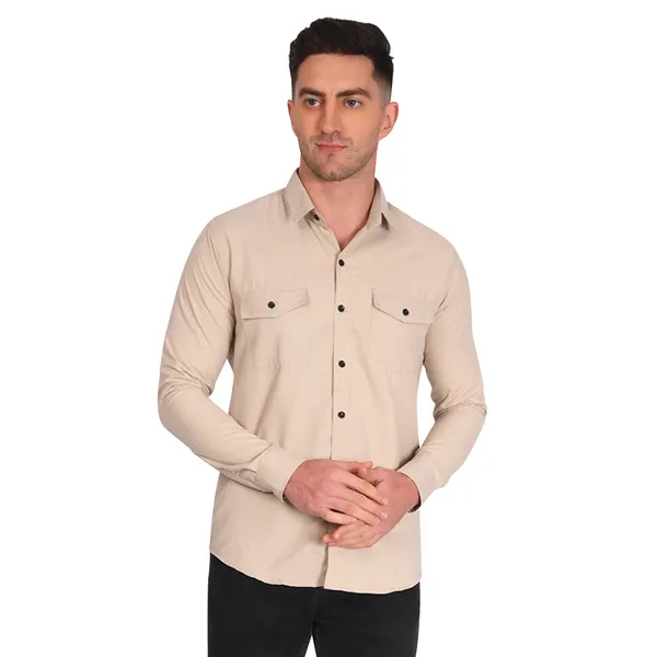 Grey_Trendy_Design_Mandarin_Collar_Double_Pocket_Shirt_For_Men
