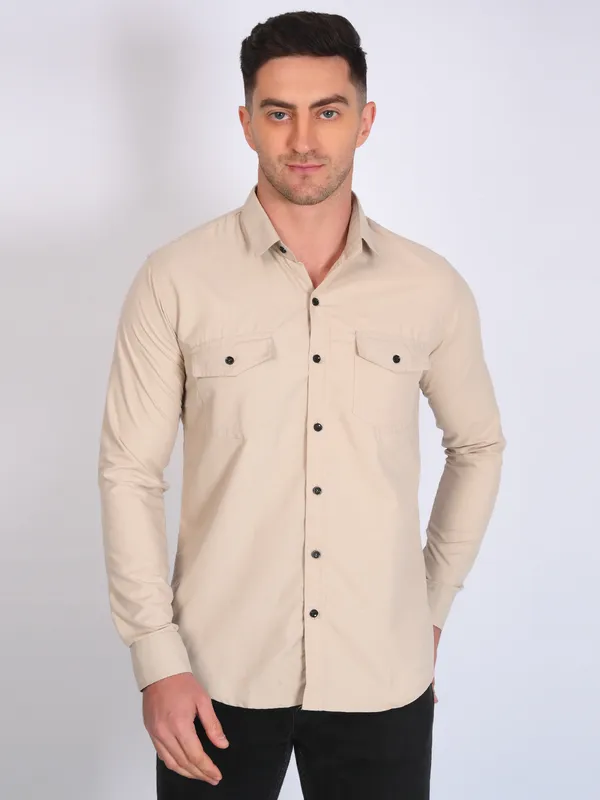 Grey_Trendy_Design_Mandarin_Collar_Double_Pocket_Shirt_For_Men