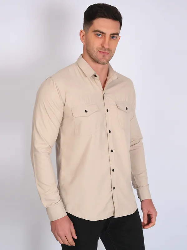 Grey_Trendy_Design_Mandarin_Collar_Double_Pocket_Shirt_For_Men