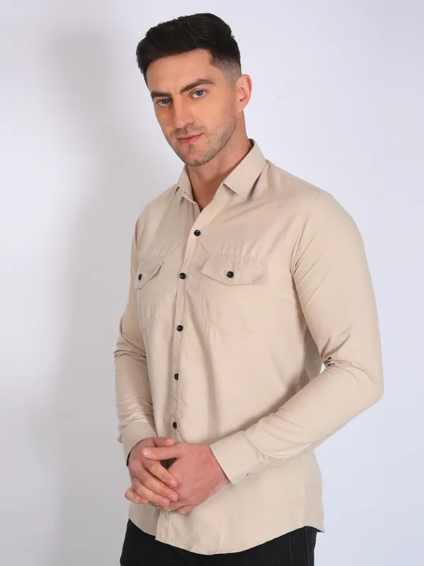 Grey_Trendy_Design_Mandarin_Collar_Double_Pocket_Shirt_For_Men