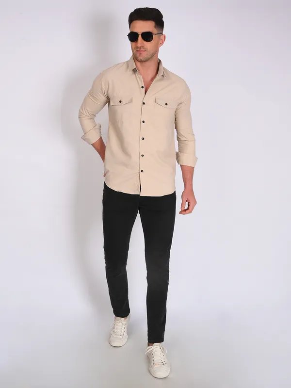 Grey_Trendy_Design_Mandarin_Collar_Double_Pocket_Shirt_For_Men