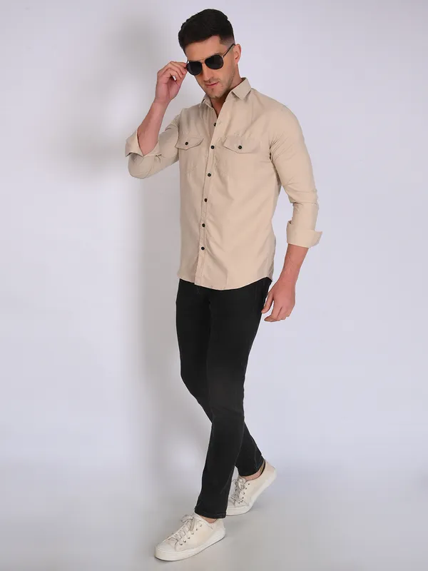 Grey_Trendy_Design_Mandarin_Collar_Double_Pocket_Shirt_For_Men