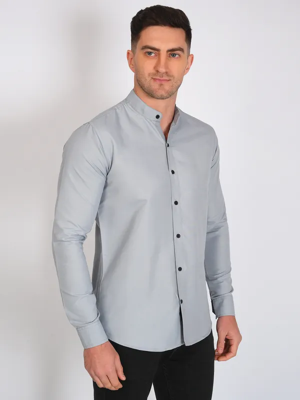 Grey_Trendy_Design_Mandarin_Collar_Cotton_Blend_Solid_Shirt_For_Men