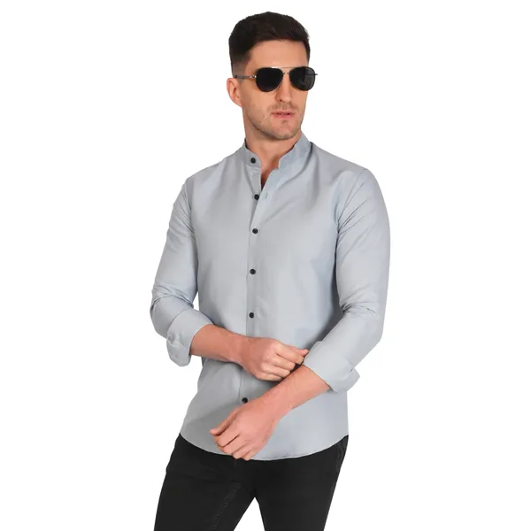 Grey_Trendy_Design_Mandarin_Collar_Cotton_Blend_Solid_Shirt_For_Men