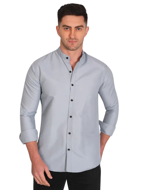 Grey_Trendy_Design_Mandarin_Collar_Cotton_Blend_Solid_Shirt_For_Men