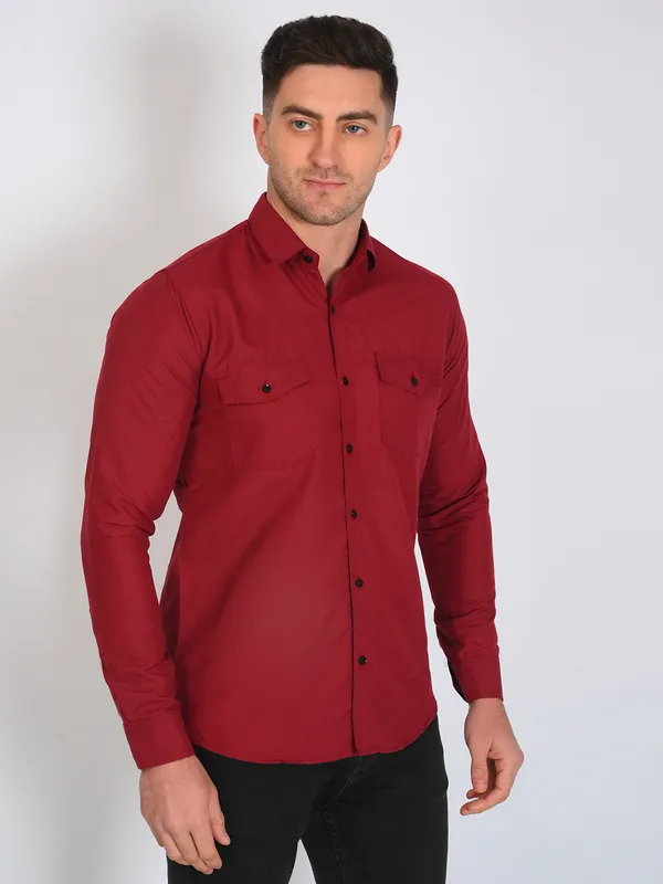 Red_Trendy_Design_Premium_Cotton_Double_Pocket_Shirt_For_Men
