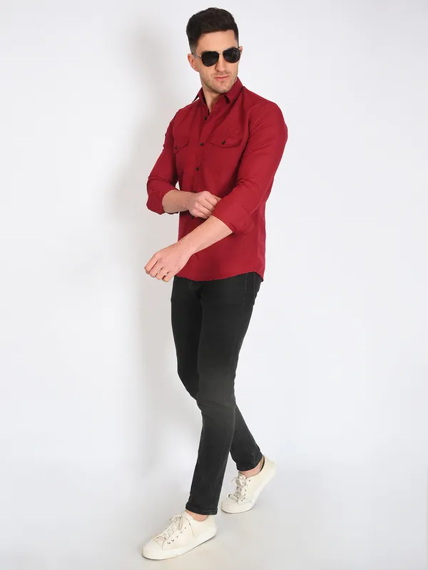 Red_Trendy_Design_Premium_Cotton_Double_Pocket_Shirt_For_Men