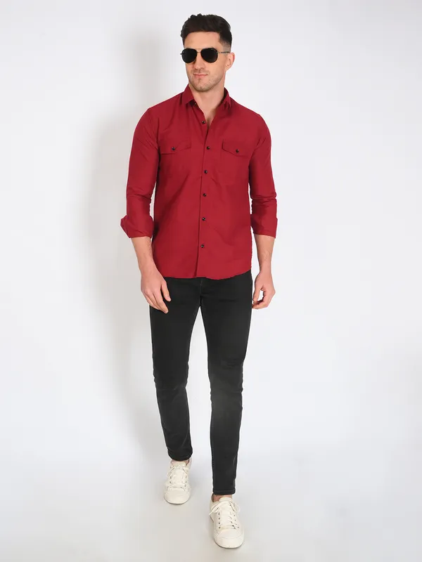 Red_Trendy_Design_Premium_Cotton_Double_Pocket_Shirt_For_Men
