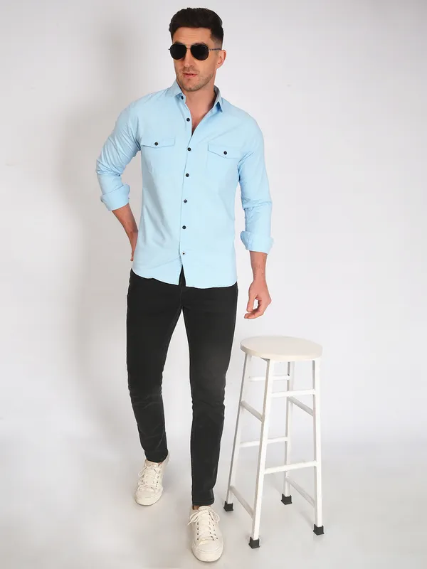 Aqua_Blue_Trendy_Design_Premium_Cotton_Double_Pocket_Shirt_For_Men