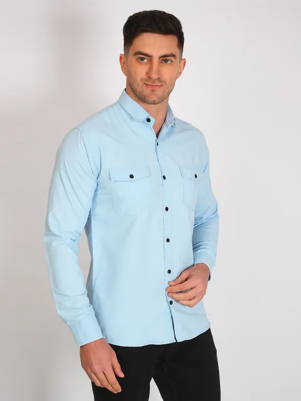Aqua_Blue_Trendy_Design_Premium_Cotton_Double_Pocket_Shirt_For_Men