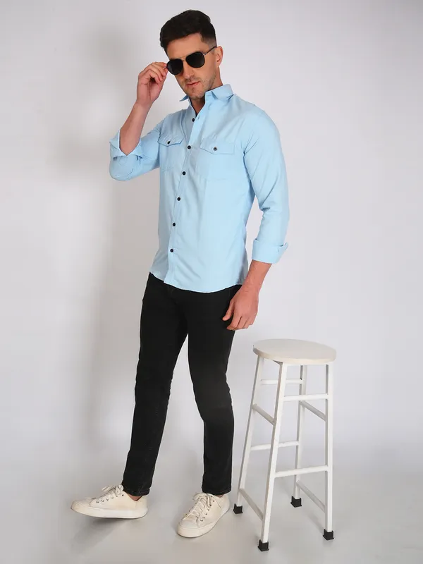 Aqua_Blue_Trendy_Design_Premium_Cotton_Double_Pocket_Shirt_For_Men