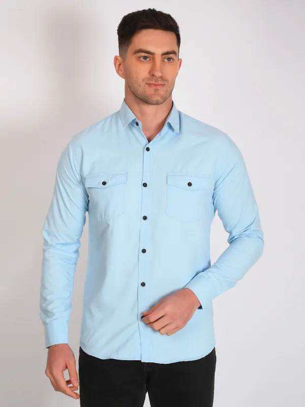 Aqua_Blue_Trendy_Design_Premium_Cotton_Double_Pocket_Shirt_For_Men