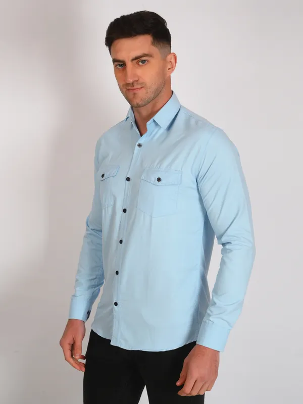 Aqua_Blue_Trendy_Design_Premium_Cotton_Double_Pocket_Shirt_For_Men